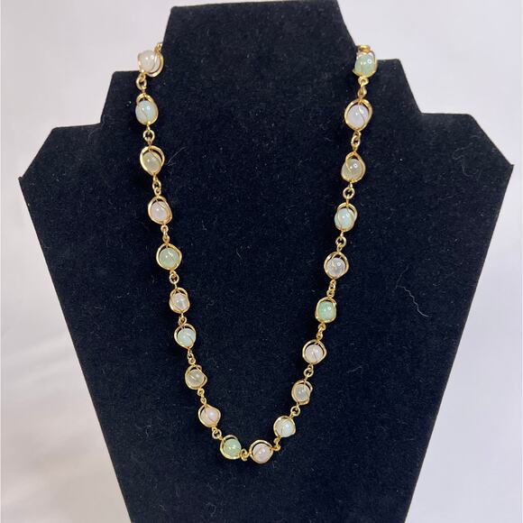 Vintage Topaz and Jade Bead and Chain Necklace Gold Tone - Picture 2 of 4